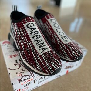 Dolce & Gabbana Red and White Beaded Slip-Ons